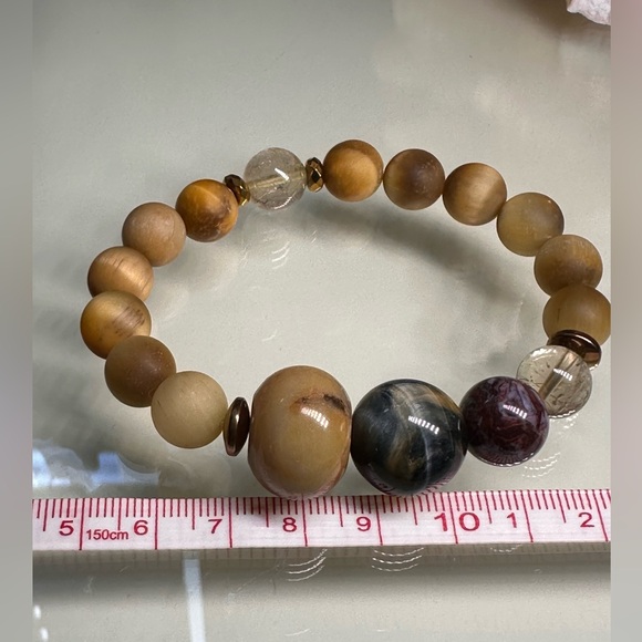 YELLOW TIGERS EYE + PIETERSITE + GOLD RUTILATED NATURAL STONES BRACELET size 7” - Picture 9 of 10